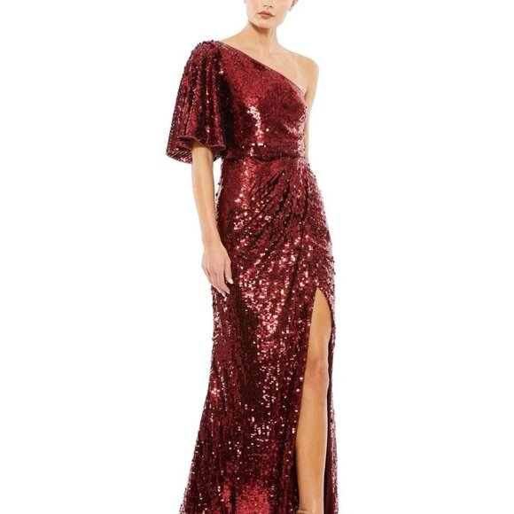 New Mac Duggal Size 16 Burgundy 93540 One-Shoulder Sequin Formal Gown Maxi Dress - Picture 6 of 12